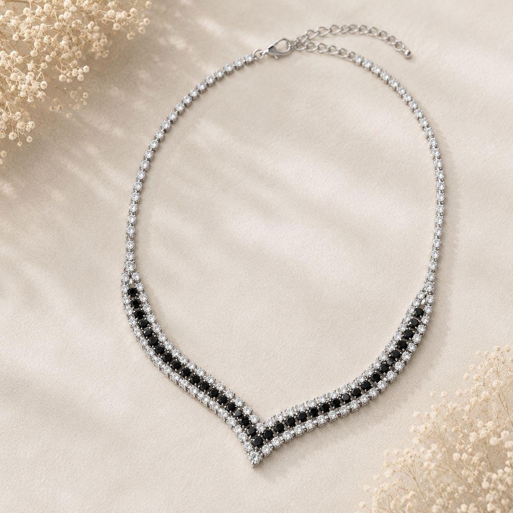 Vintage Jet Black V Necklace Made with Swarovski Crystal Formal Prom
